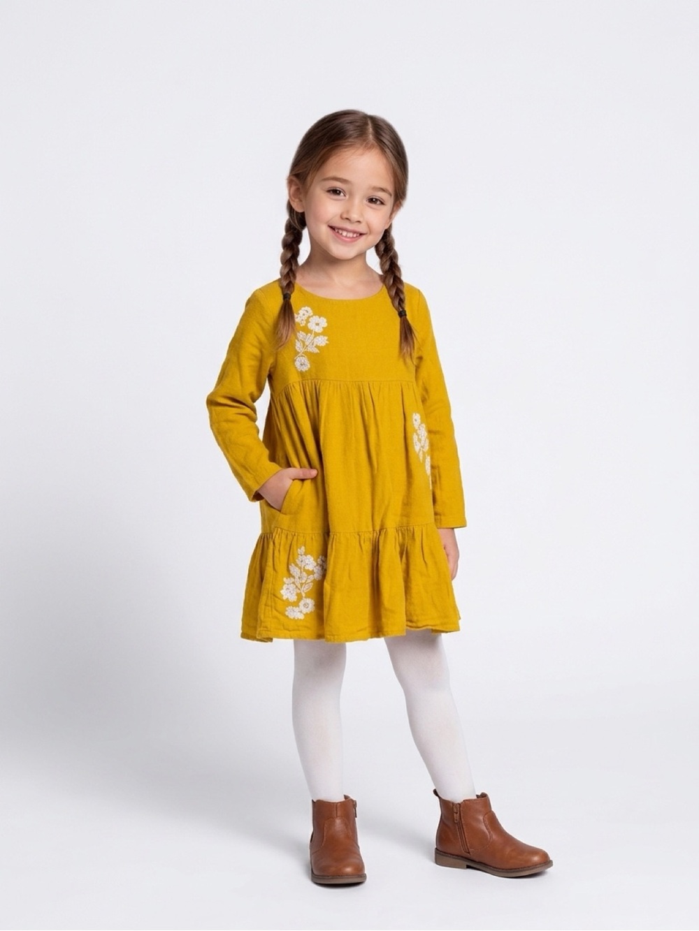 Boden Mustard Floral Tiered Long-Sleeve Dress
